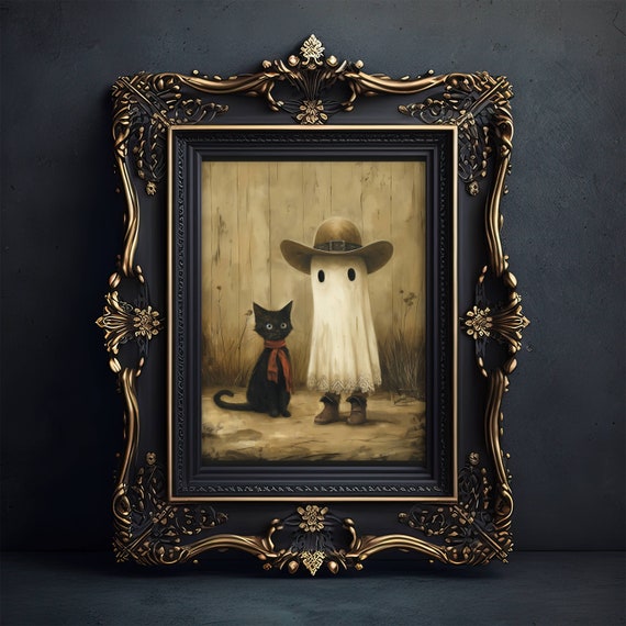 Cowboy Ghost And Black Cat Halloween Art Print