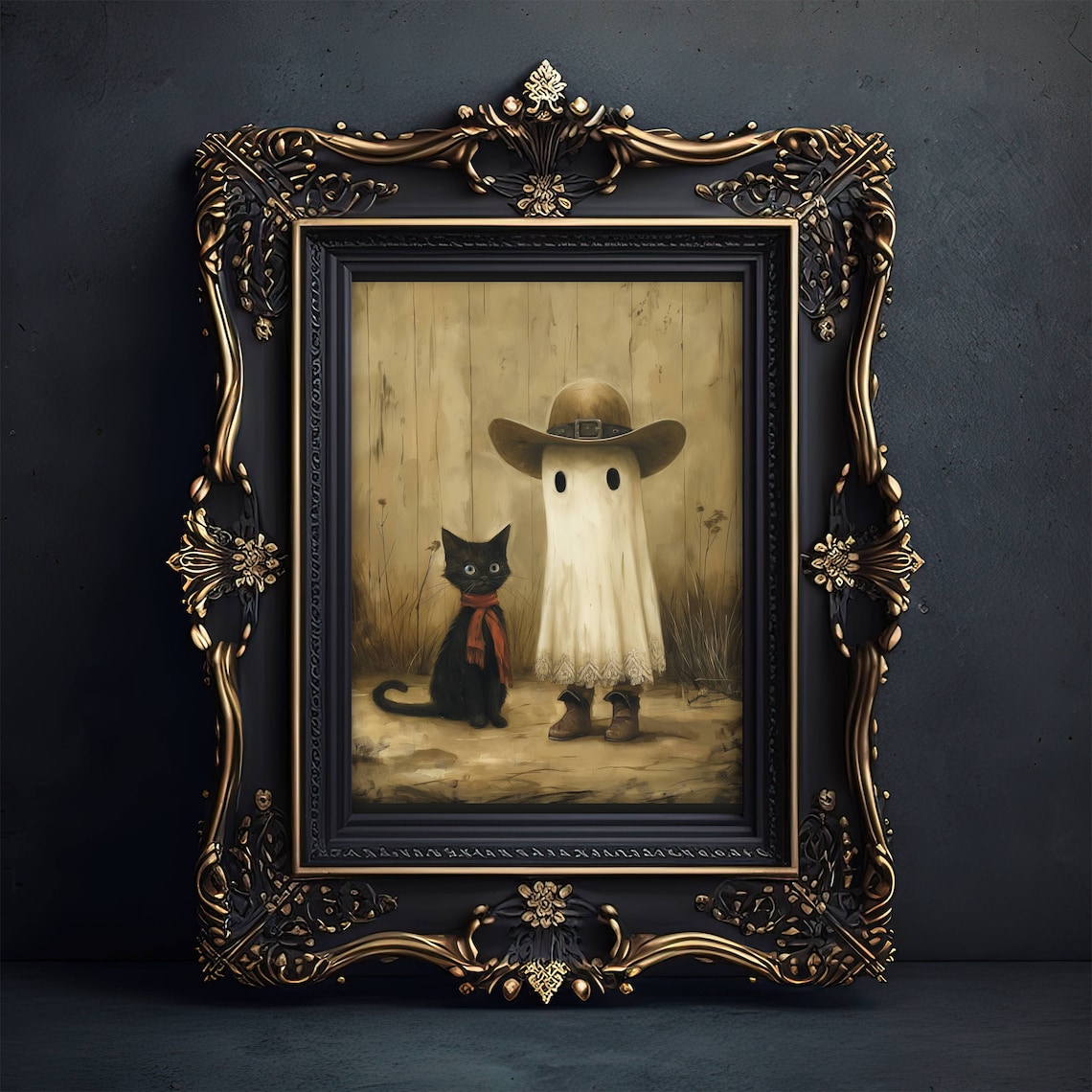 Cowboy Ghost And Black Cat Halloween Art Print