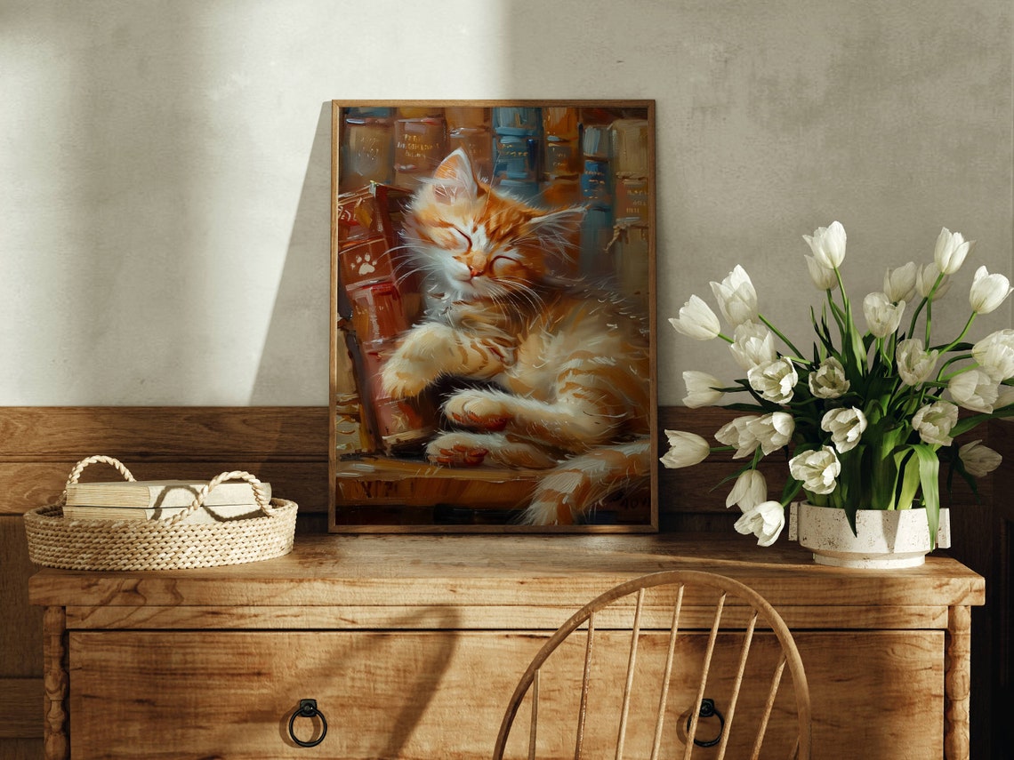 Ginger Kitten Sleeping Among Library Books Oil Painting Poster - Image 5
