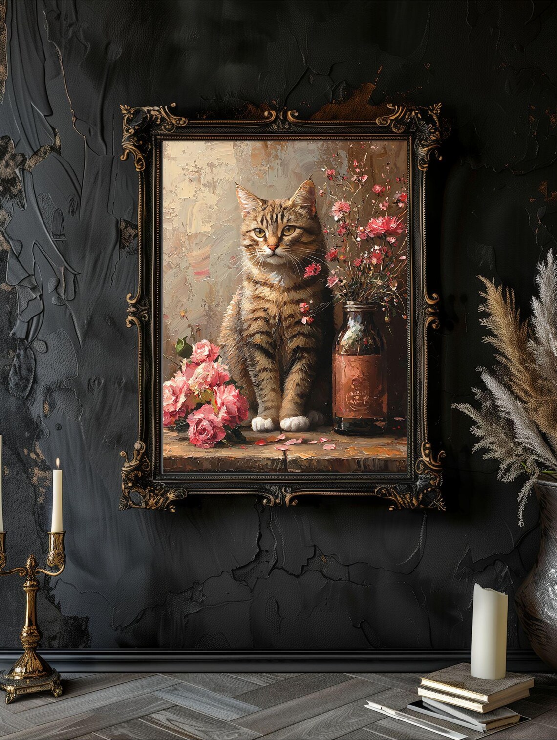 Regal Tabby Cat Sitting Gracefully Among Pink Roses and a Vintage Bottle Poster - Image 6