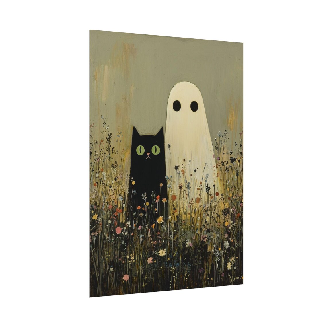 Ghost And Cat in Wildflowers, Cats and Wildlife Art Print - Image 2