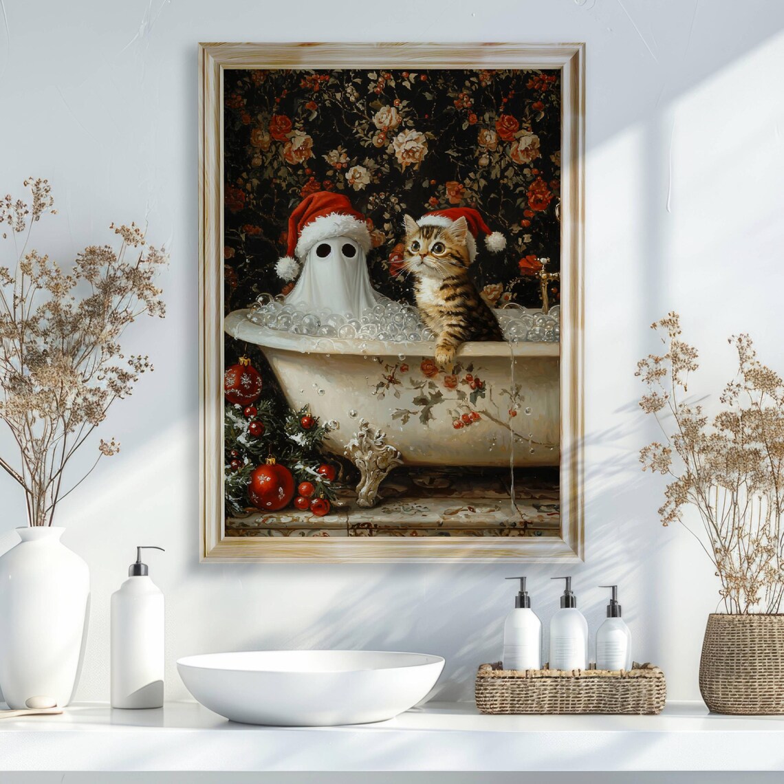Ghost and Cat Christmas Bath Art Print, Whimsigoth - Image 6