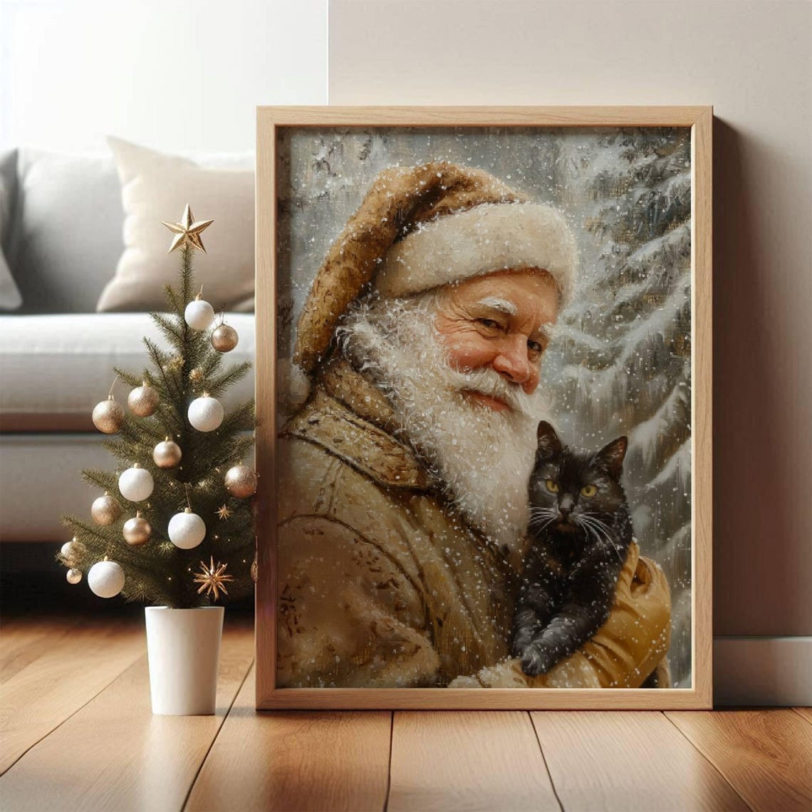 Santa Claus Gently Holding a Black Cat in a Snowy Winter Forest Poster
