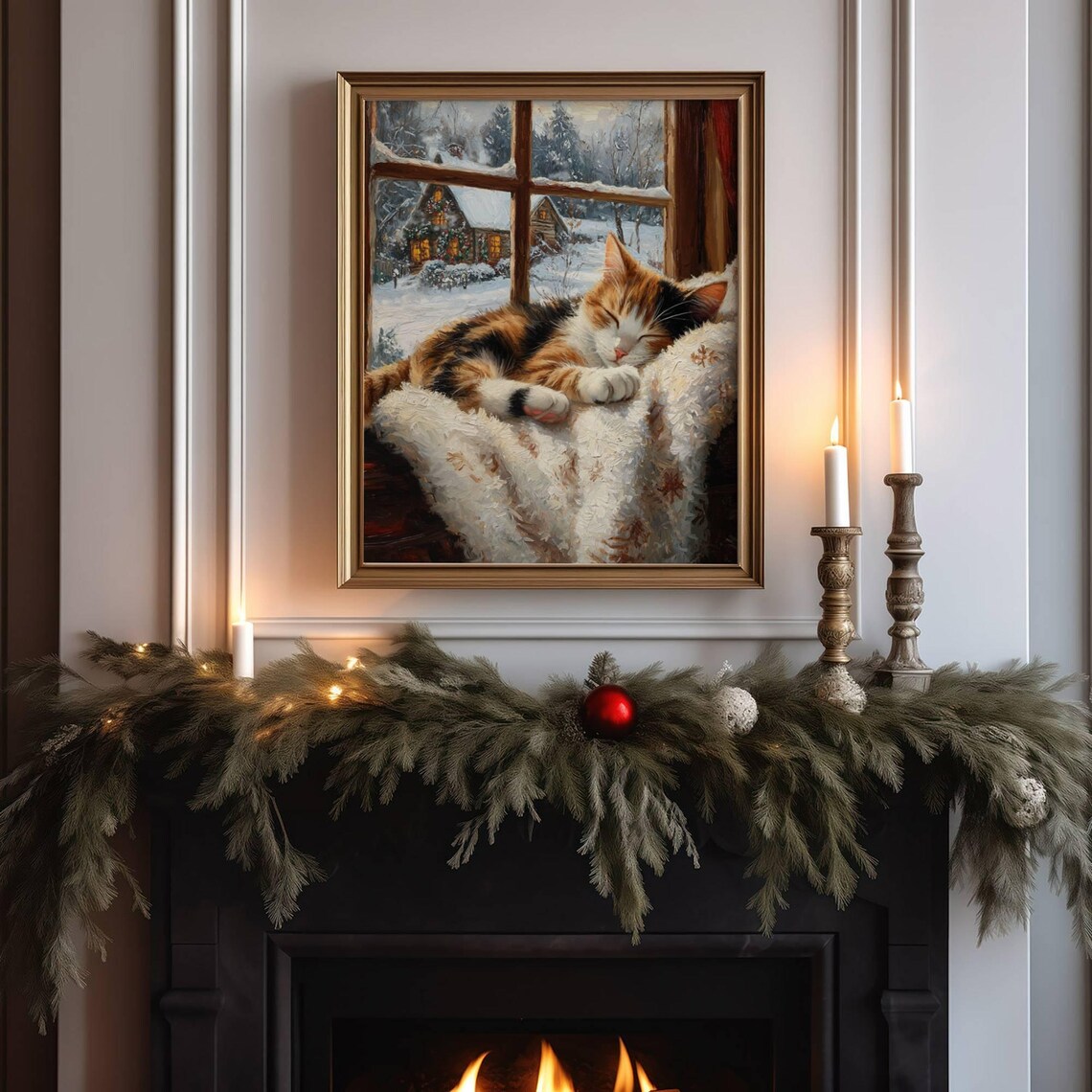 Calico Cat Farmhouse Christmas Poster, Rustic Holiday Print - Image 5
