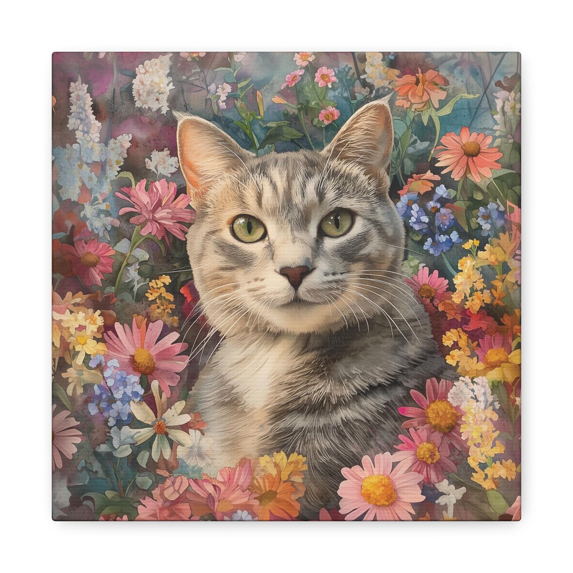Silver Tabby Cat With Green Eyes Emerging From Colorful Wildflower Blooms Poster - Image 2