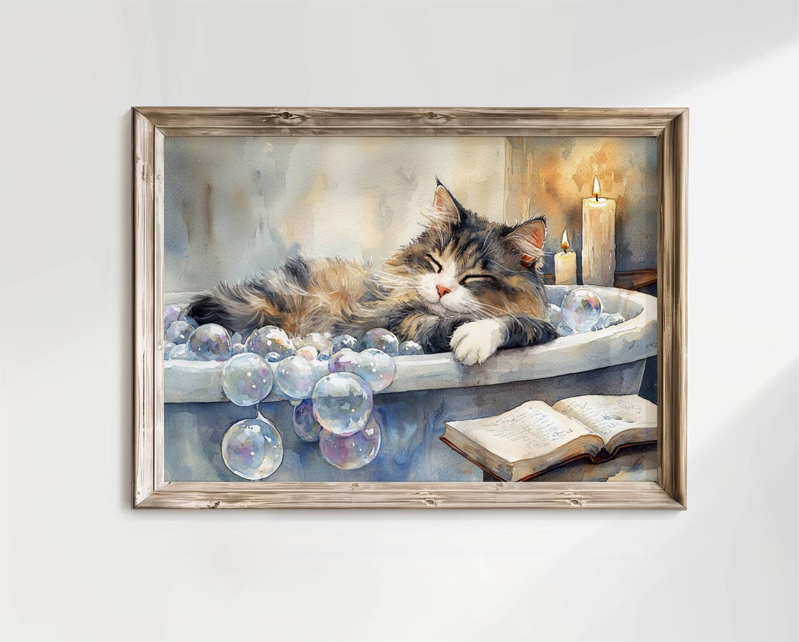 Sleepy Cat in Bubble Bath with Book Watercolor Bathroom Poster