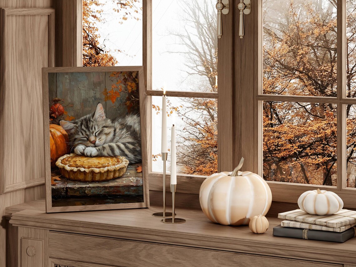 Tabby Cat and Pumpkin Pie Thanksgiving Art Print - Image 5