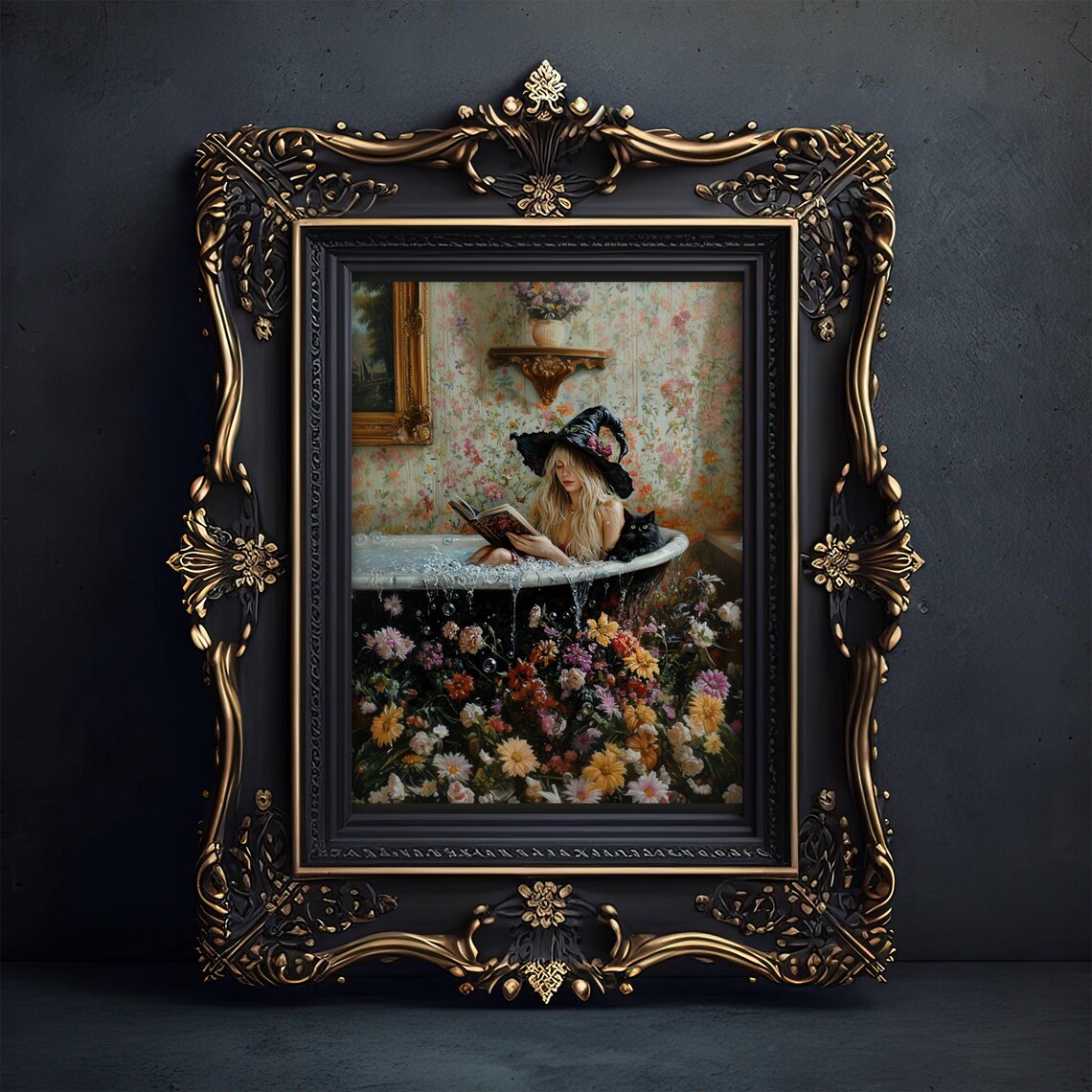 Witch Reading in Bubble Bath With Black Cat, Poster - Image 4
