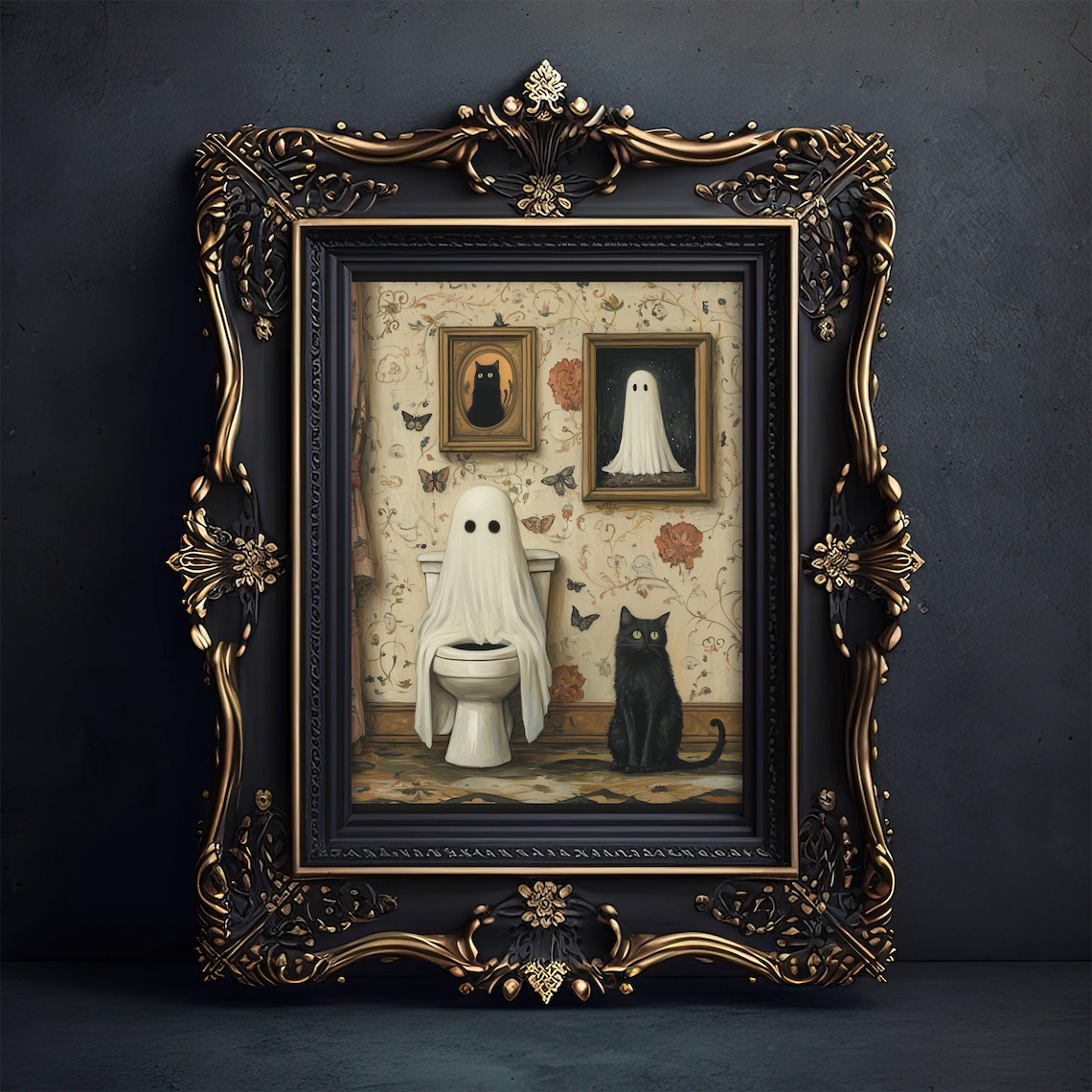 Ghost And Black Cat Bathroom Art Print, Whimsigoth