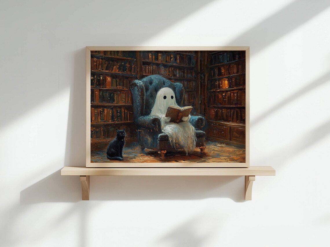 Sweet Ghost Reading a Book in a Cozy Candlelit Library Armchair Poster - Image 3