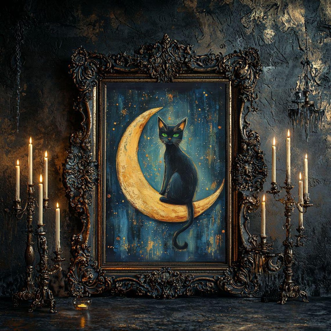 Black Cat Sitting on a Golden Crescent Moon Starry Night Poster - Image 6