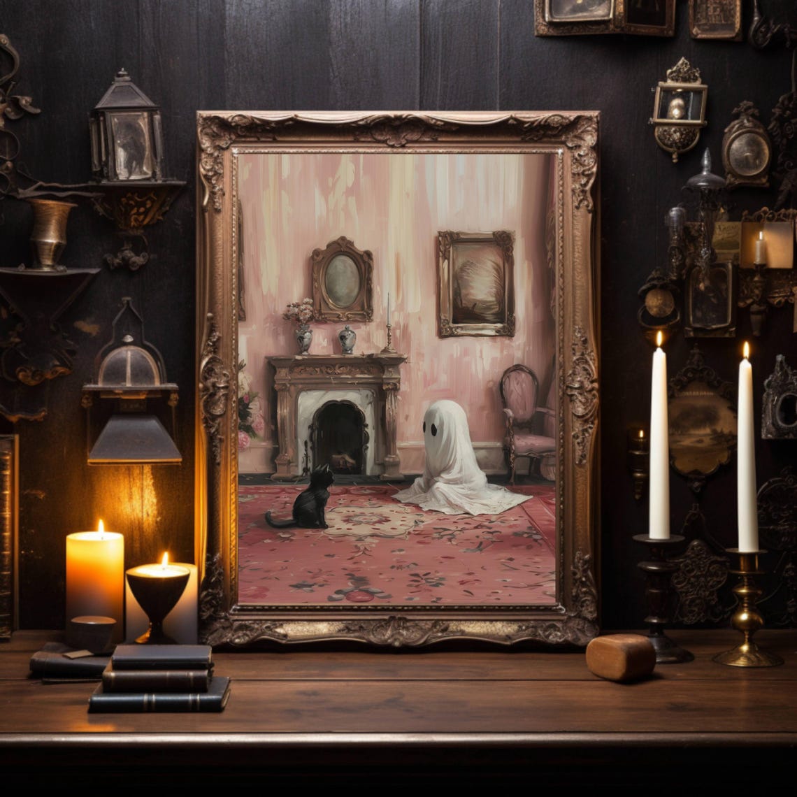 Ghost and Black Cat Sitting in a Pink Victorian Parlor Poster - Image 3