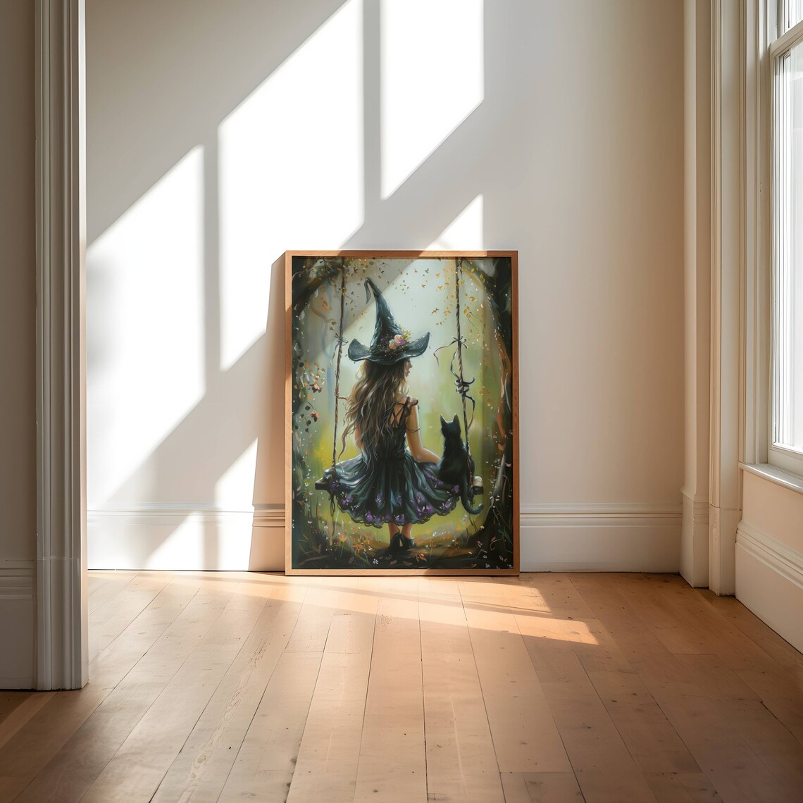 Witch On A Garden Swing With Black Cat Seen From Behind Poster - Image 4