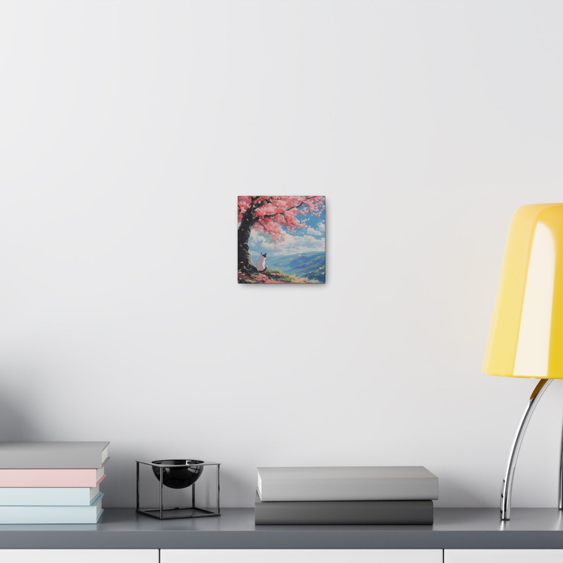 White Cat Under a Cherry Blossom Tree Overlooking Mountains Poster - Image 2