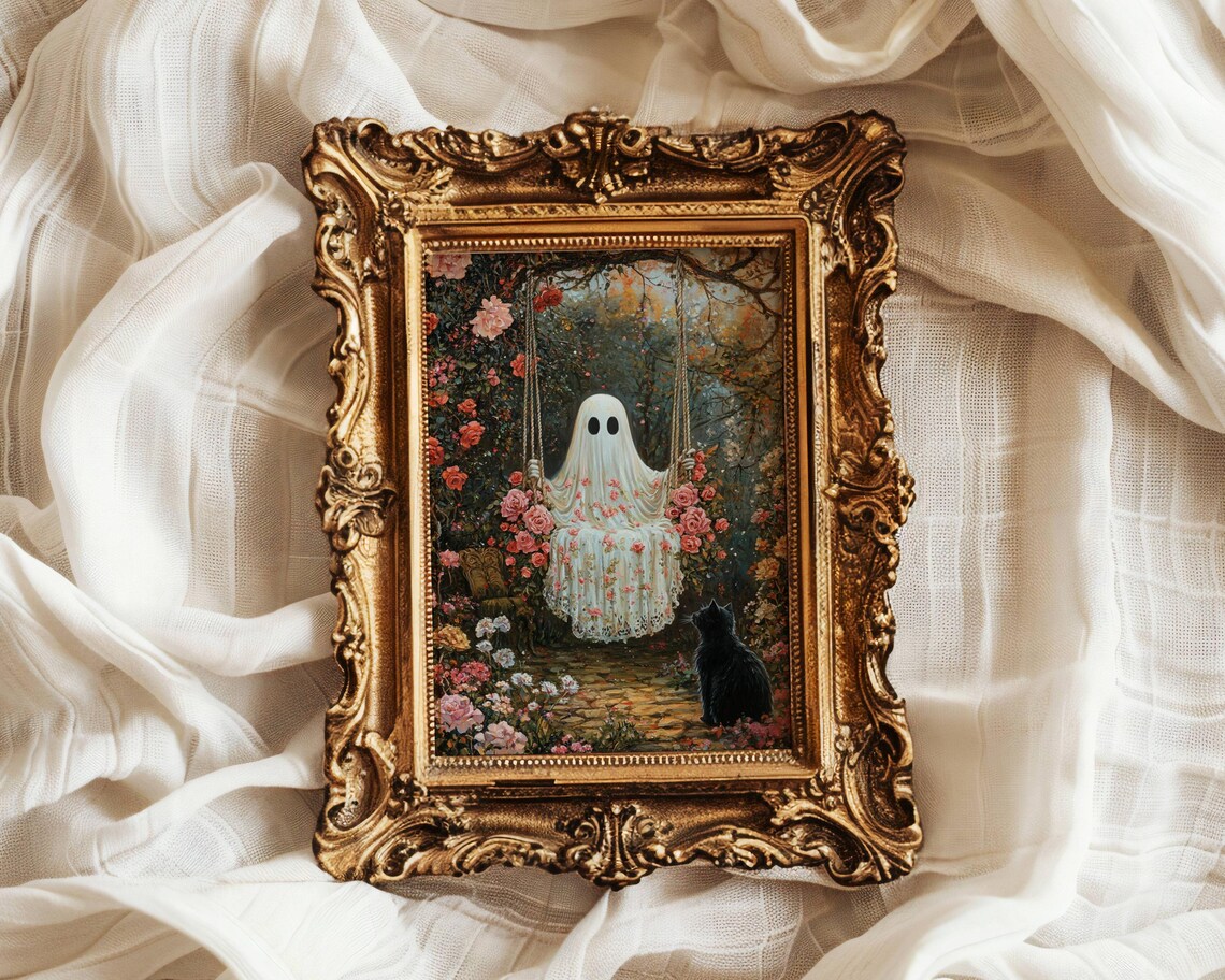 Ghost on Garden Swing and Black Cat, Whimsigoth Art Print - Image 3
