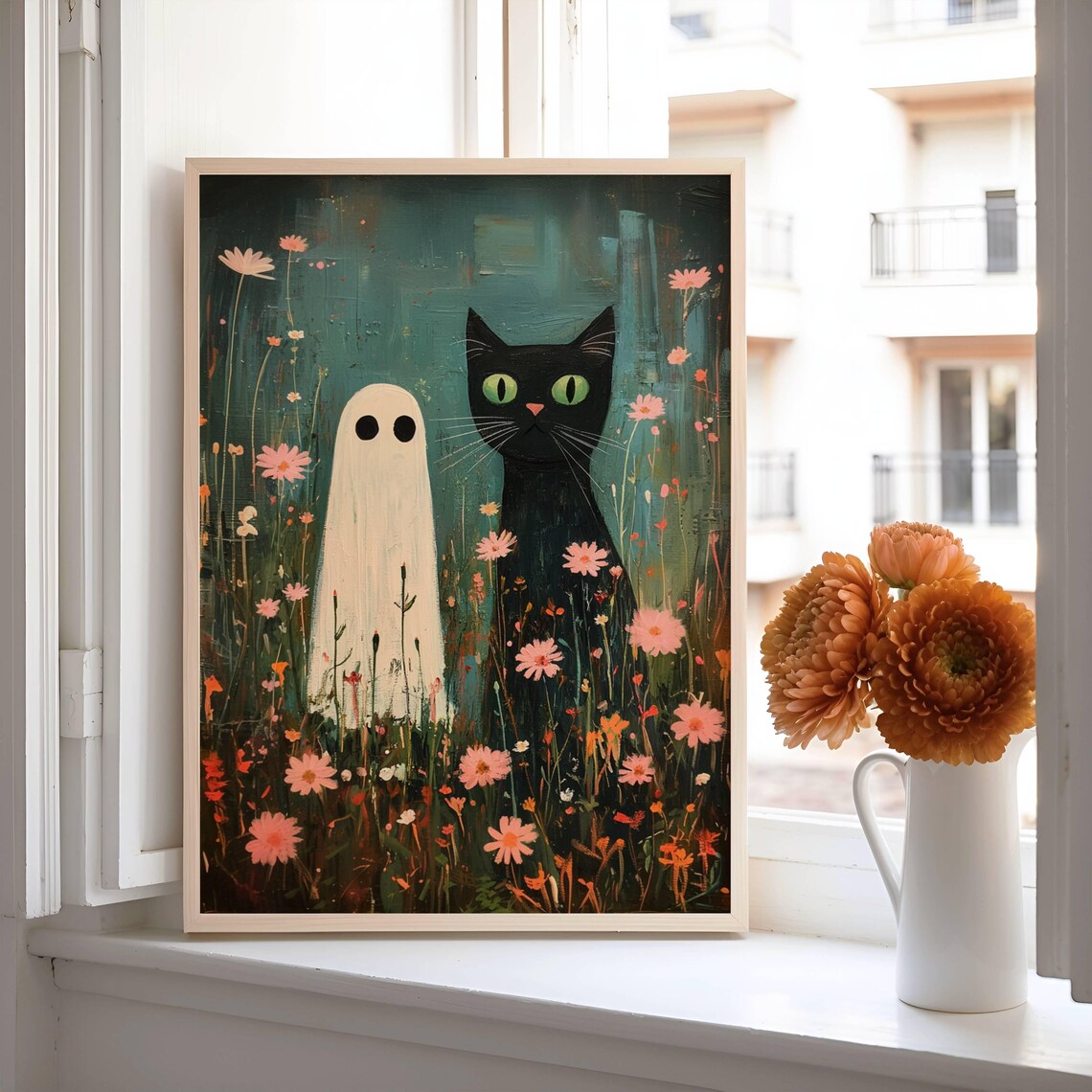 Sweet Ghost and Green-Eyed Black Cat Standing in a Wildflower Meadow Poster