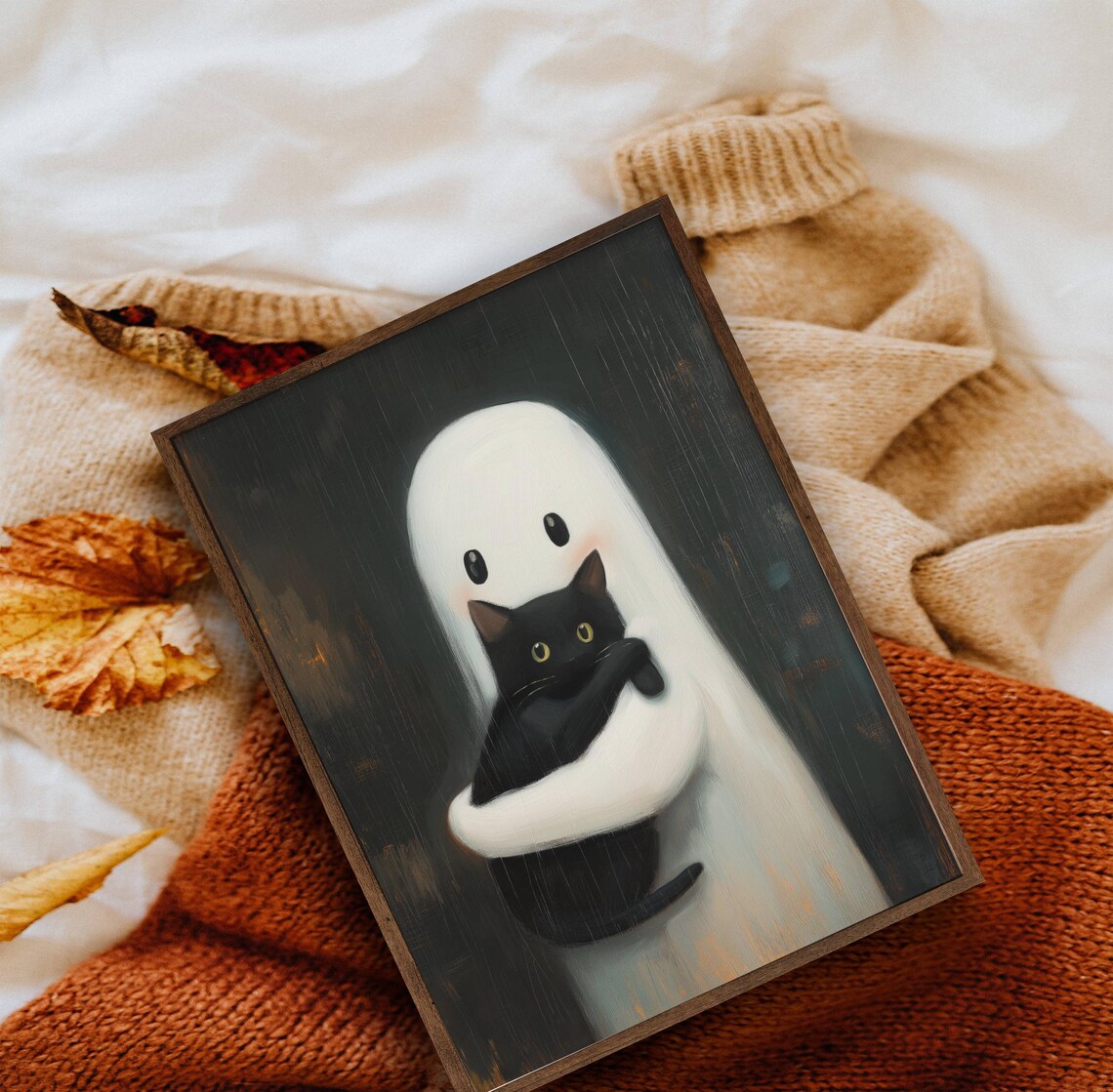 Adorable Little Ghost Hugging a Black Cat Whimsigoth Painting Style Poster - Image 6