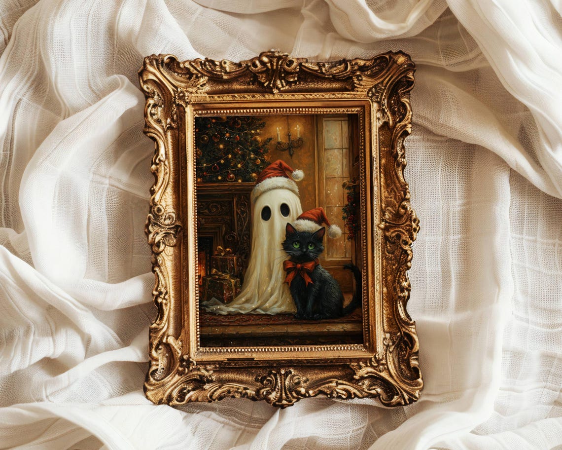 Ghost and Black Cat in Santa Hats by the Christmas Tree Poster - Image 5