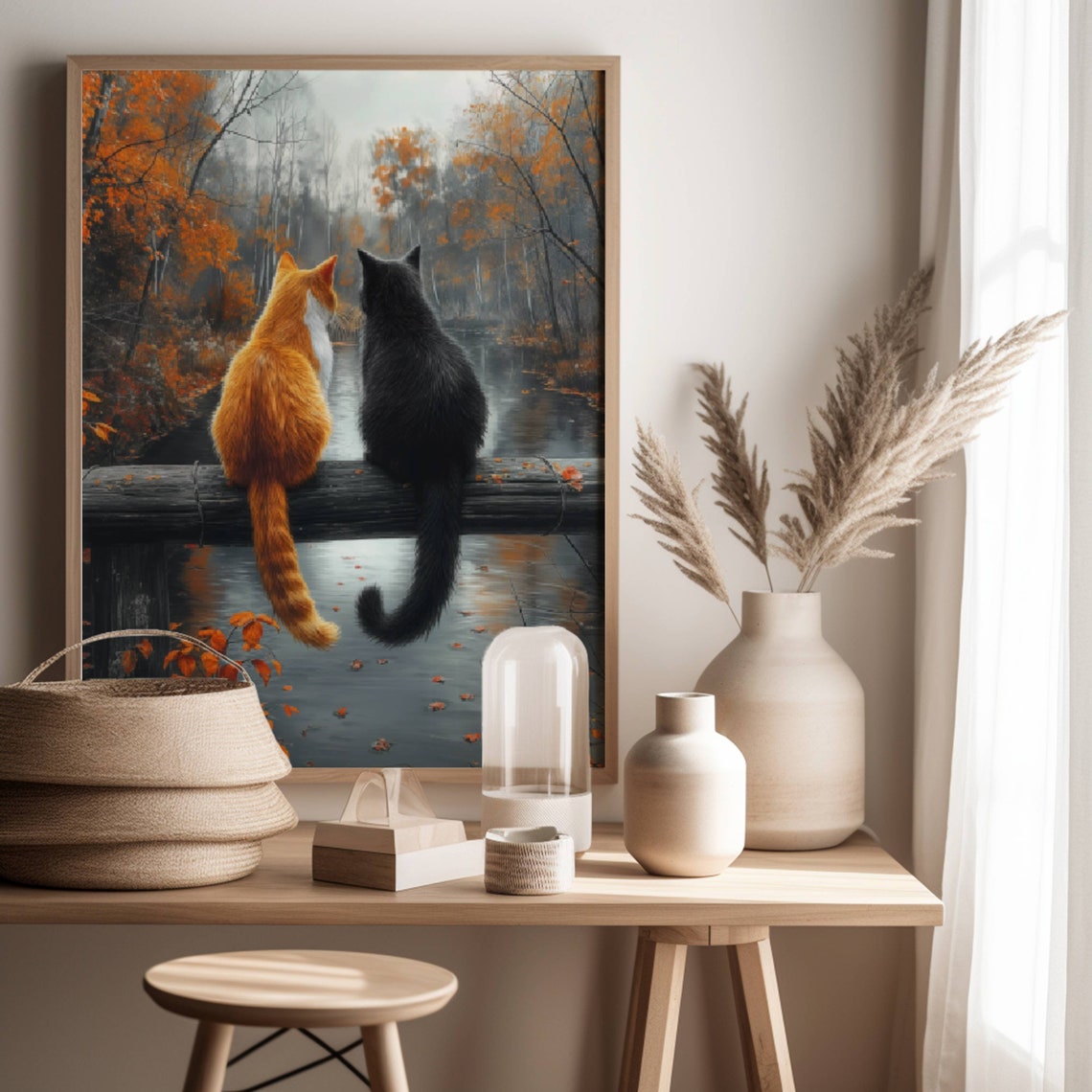 Two Cats Sitting Side by Side on a Fence by an Autumn Lake Poster - Image 5