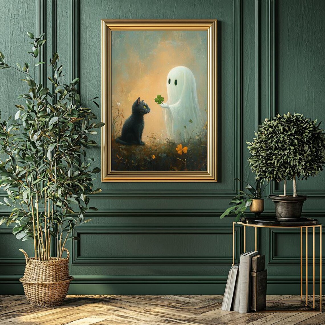 Black Cat And Ghost With Four Leaf Clover Art Print - Image 5