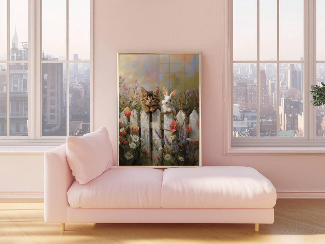 Tabby Kitten and Bunny Peeking Over a Picket Fence Spring Poster - Image 5