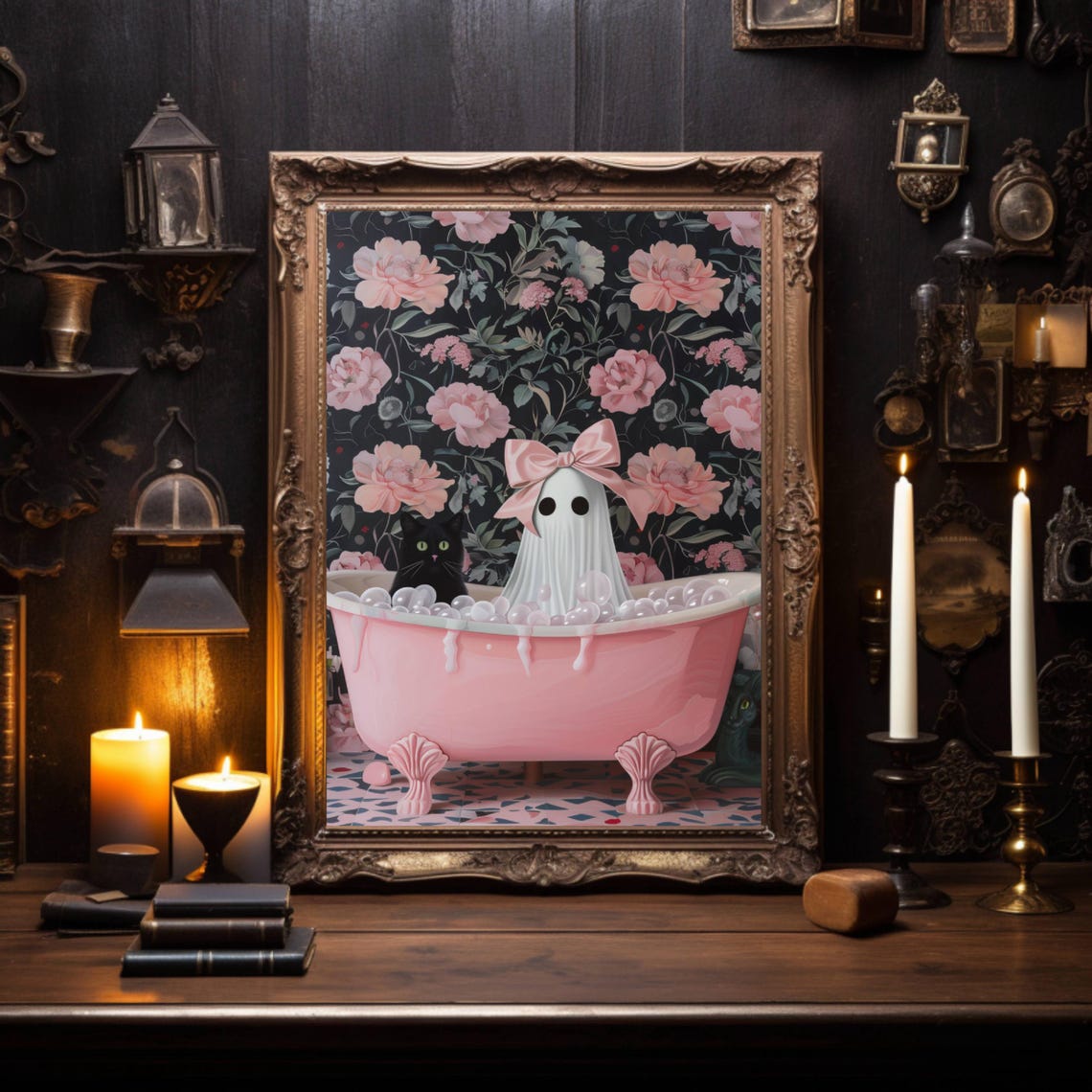 Ghost With a Pink Bow and Black Cat in a Pink Bubble Bath Poster - Image 2
