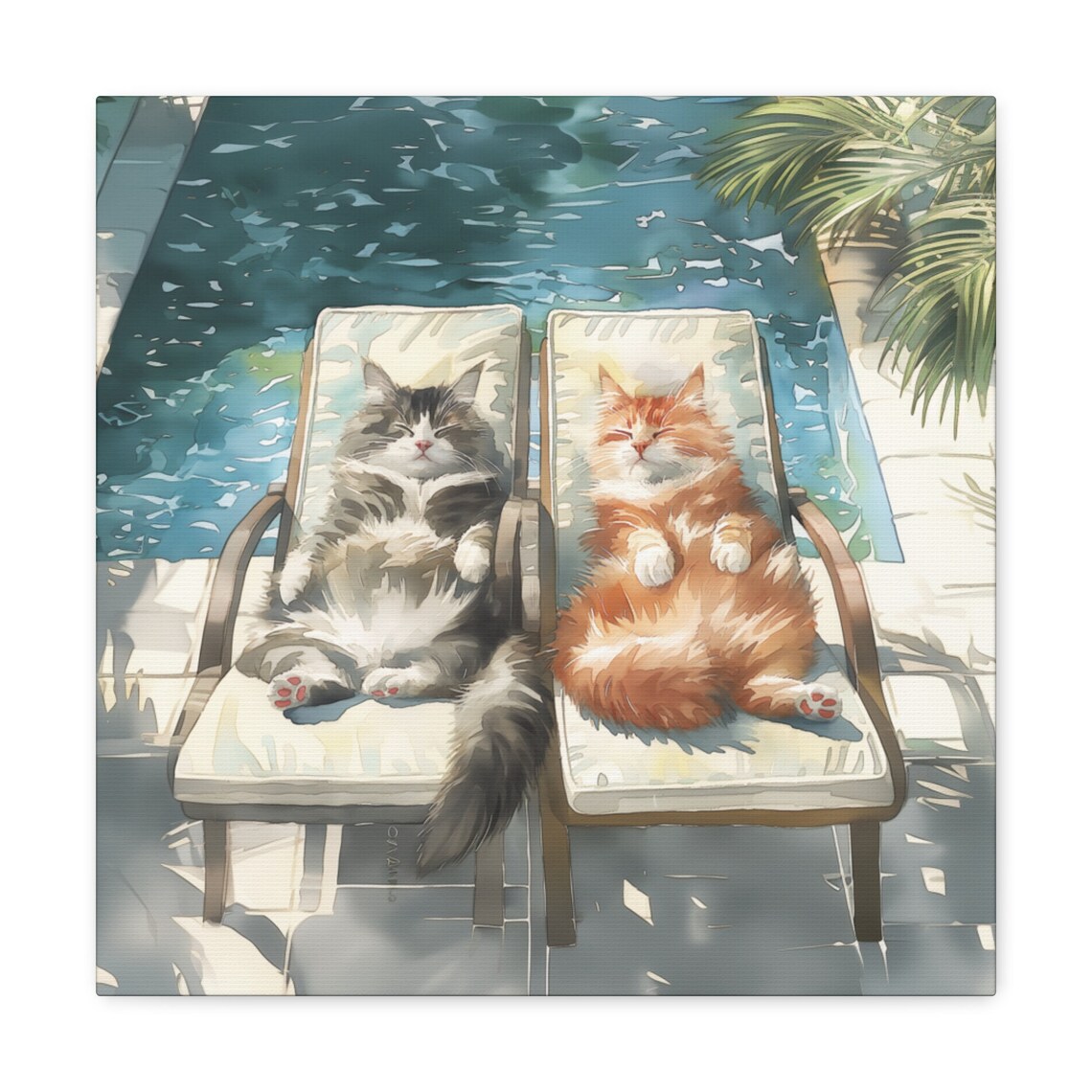 Two Fluffy Cats Sunbathing on Lounge Chairs by the Swimming Pool Poster - Image 3