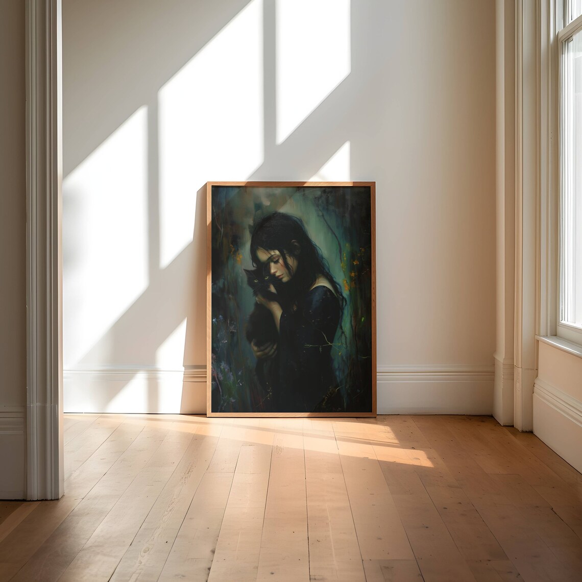 Dark Haired Girl Holding A Black Cat In A Forest Oil Art Poster - Image 6