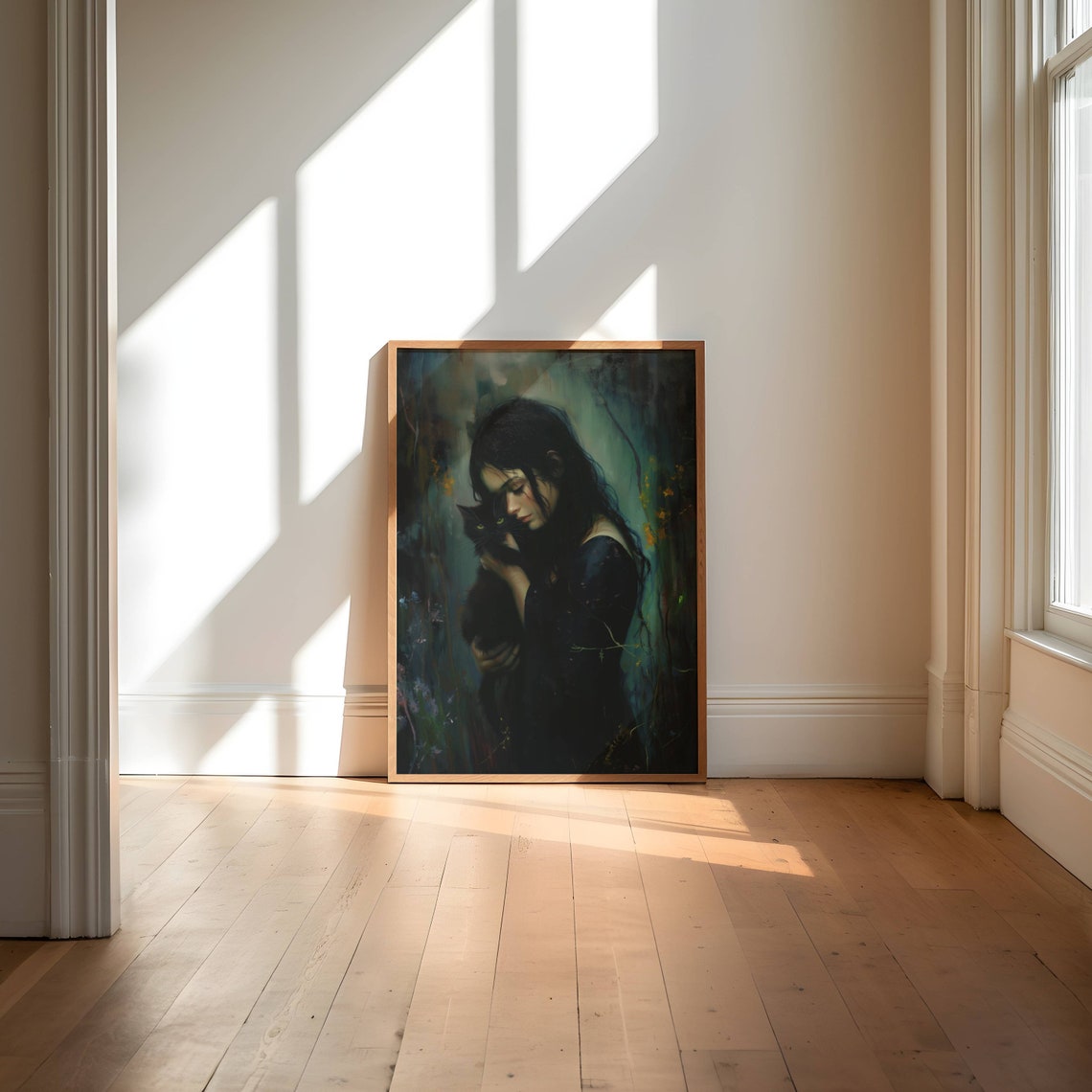 Girl With Black Cat Poster Dark Academia Art Moody Art Print Pretty Whimsigoth Wall Art Black Cat Lover Gift Unframed - Image 6