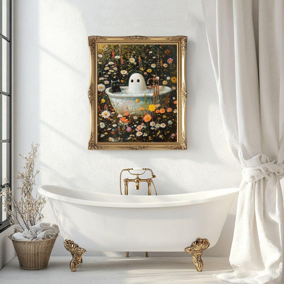 Ghost And Cat In Bathtub, Whimsigoth Halloween Art Print - Image 7