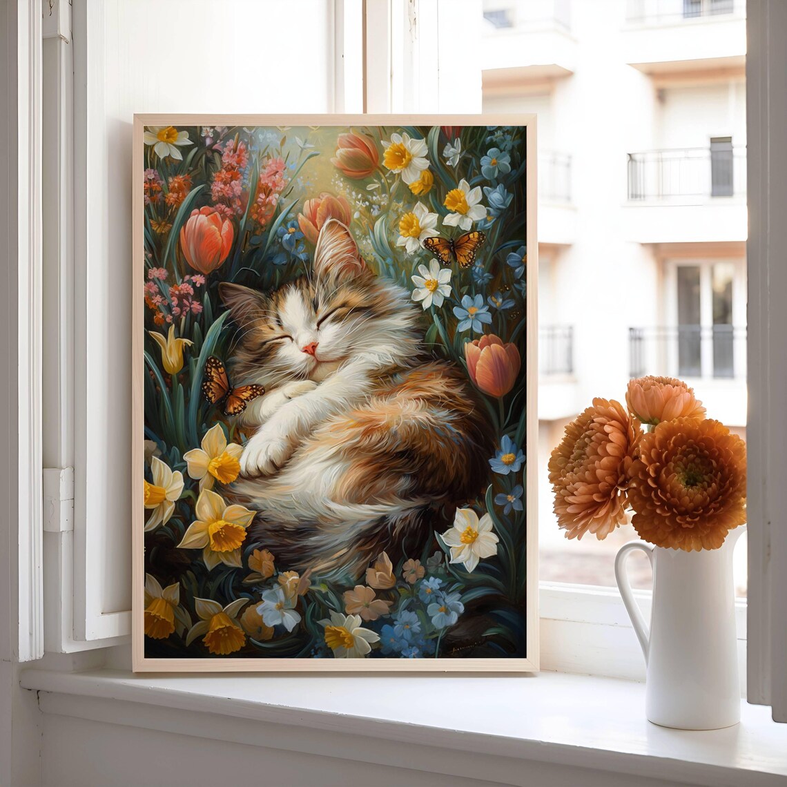 Calico Kitten in Spring Flowers, Floral Cat Print