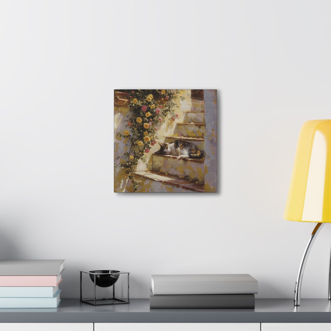 Calico Cat Napping on Sunlit Steps Under Climbing Roses Poster - Image 6