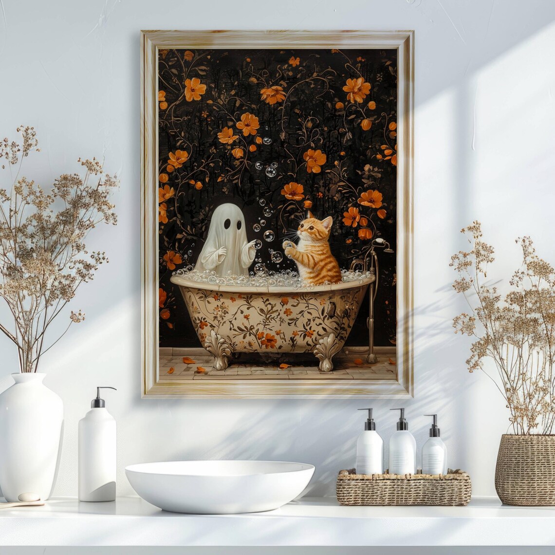 Cute Ghost and Orange Kitten Popping Bubbles Together in a Floral Bath Poster - Image 2
