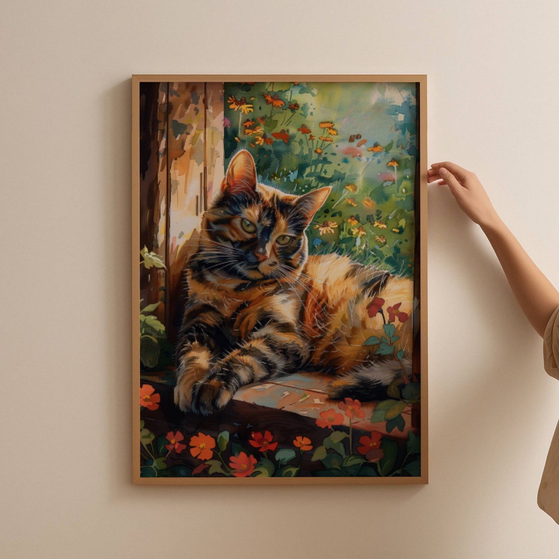 Tortoiseshell Cat Lounging In A Sunlit Cottage Flower Garden Poster - Image 7