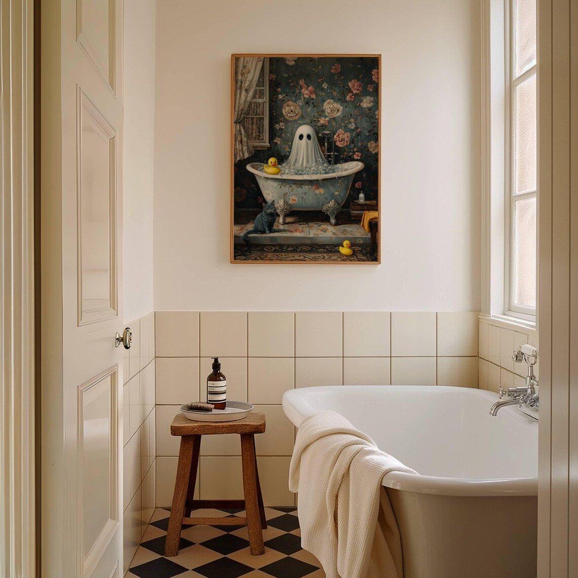 Ghost With Rubber Duck Bath Art, Gray Cat Print - Image 4