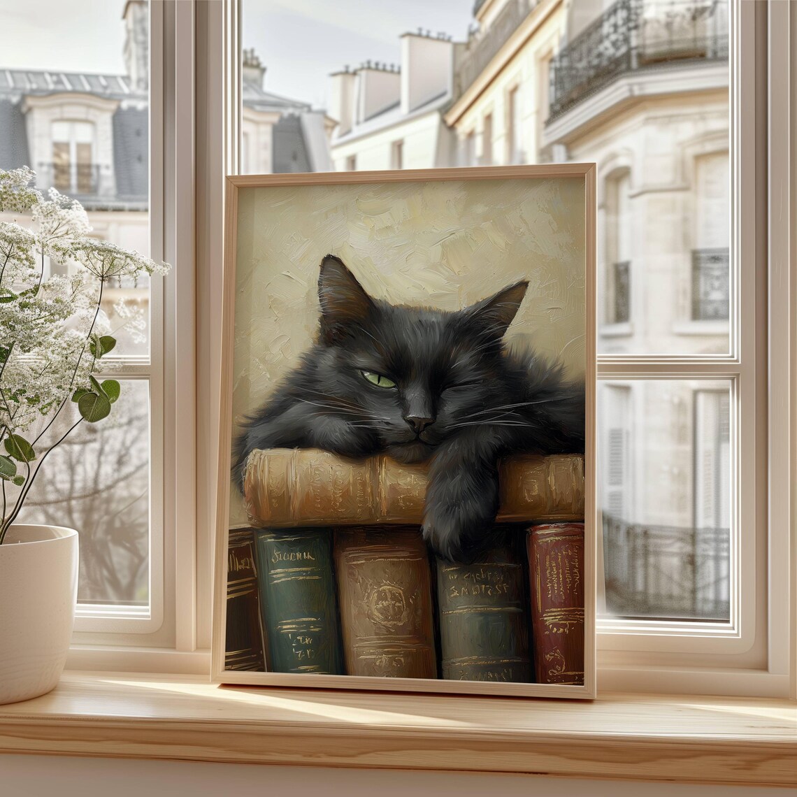 Cozy Black Cat and Books, Light Academia Art Print - Image 7