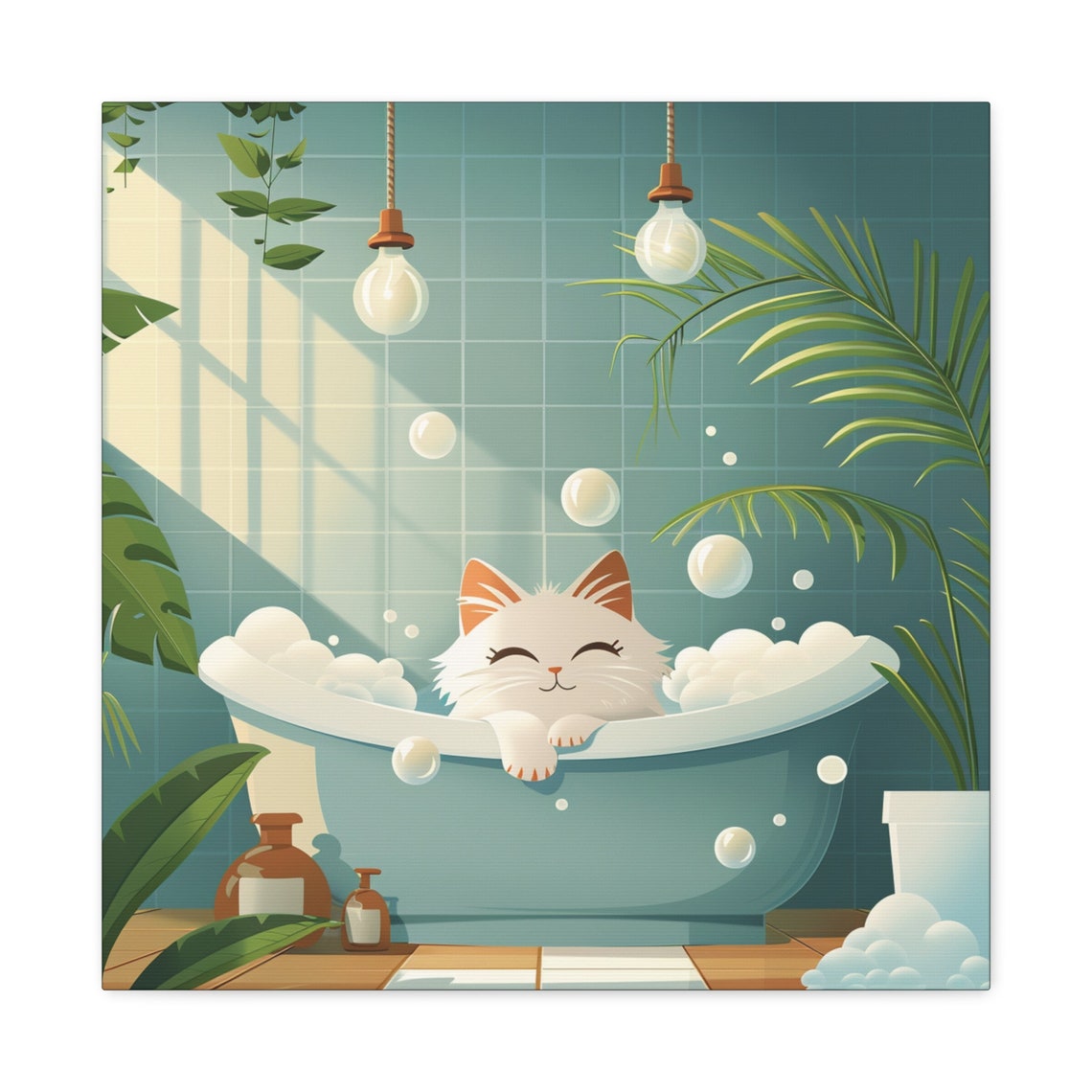 Happy White Cat Relaxing in a Teal Bubble Bath Cartoon Poster - Image 3