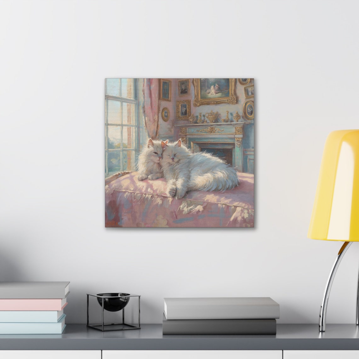 Two Cuddling White Cats on a Pink Cushion by the Fire Poster - Image 5