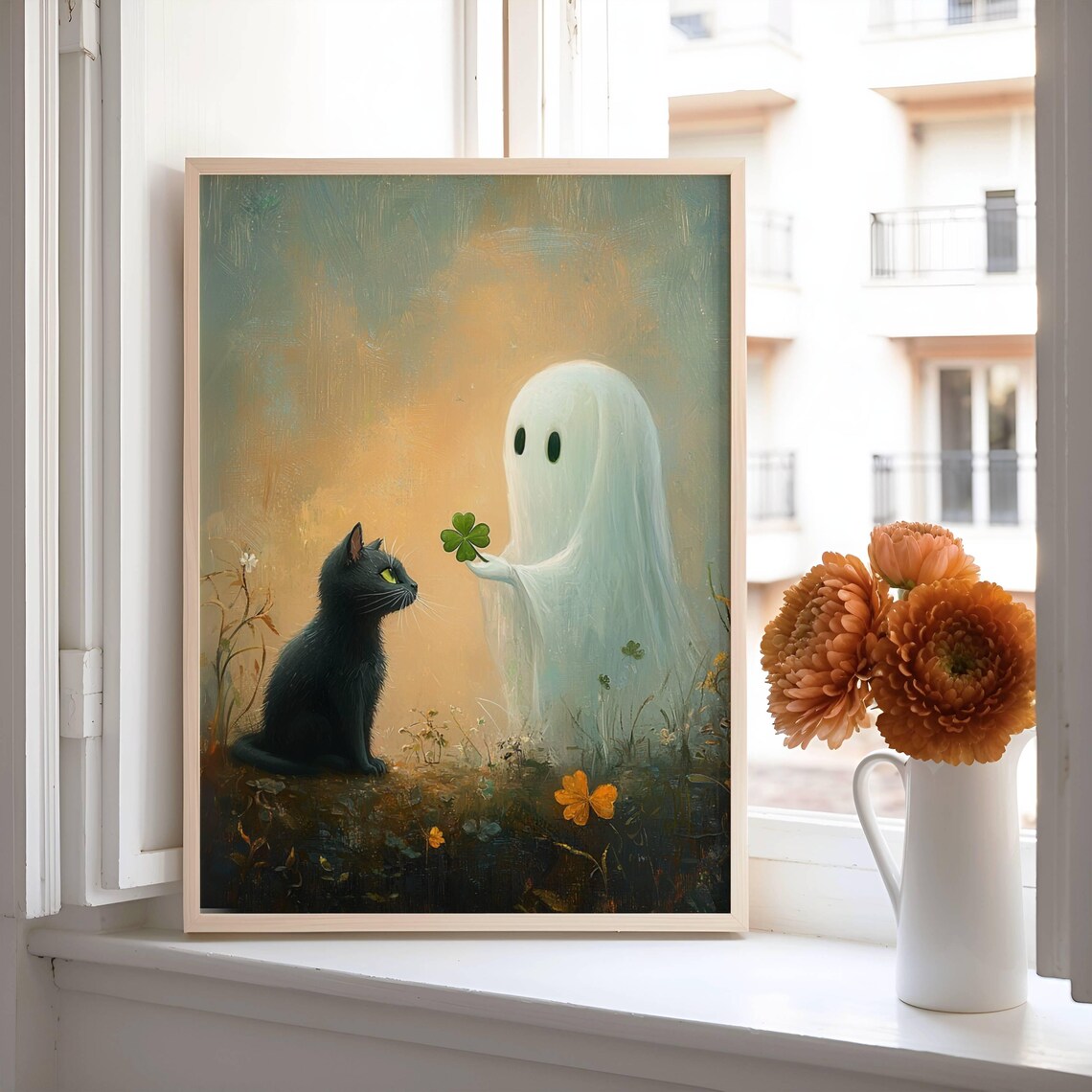 Black Cat And Ghost With Four Leaf Clover Art Print - Image 3