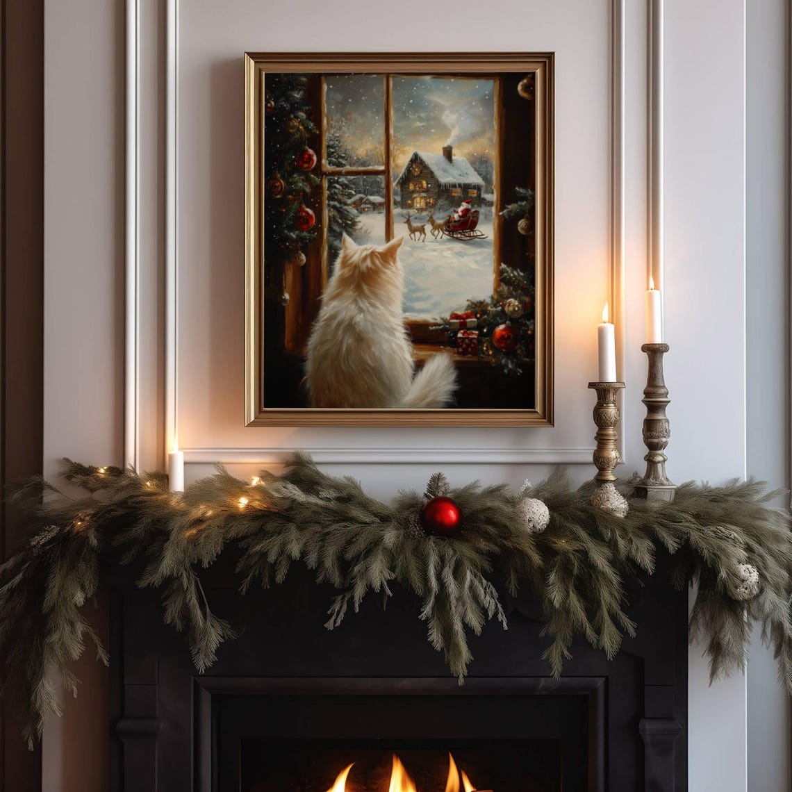 White Fluffy Cat Watching Santa Sleigh Through a Snowy Window Poster - Image 4