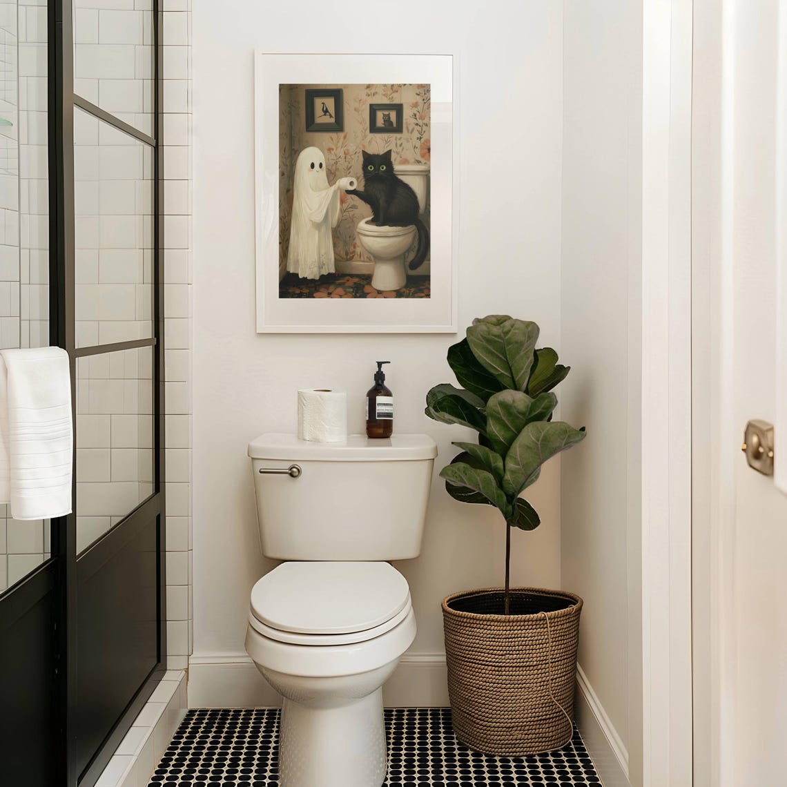 Ghost Handing Toilet Paper to a Black Cat on a Toilet Poster - Image 5