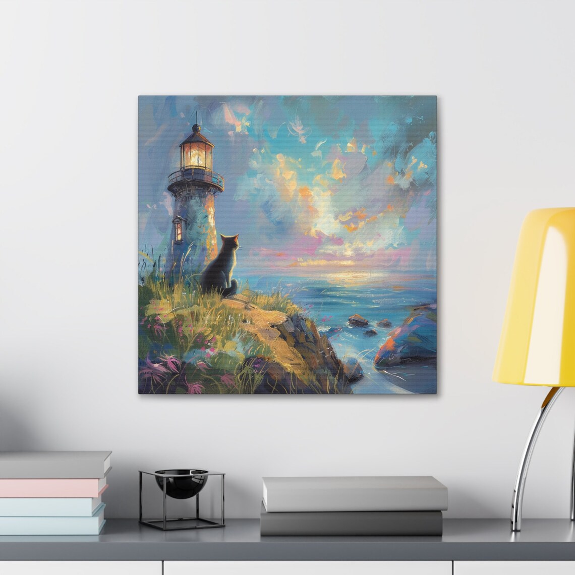 Black Cat by Lighthouse at Sunset Ocean Coast Oil Painting Poster - Image 5