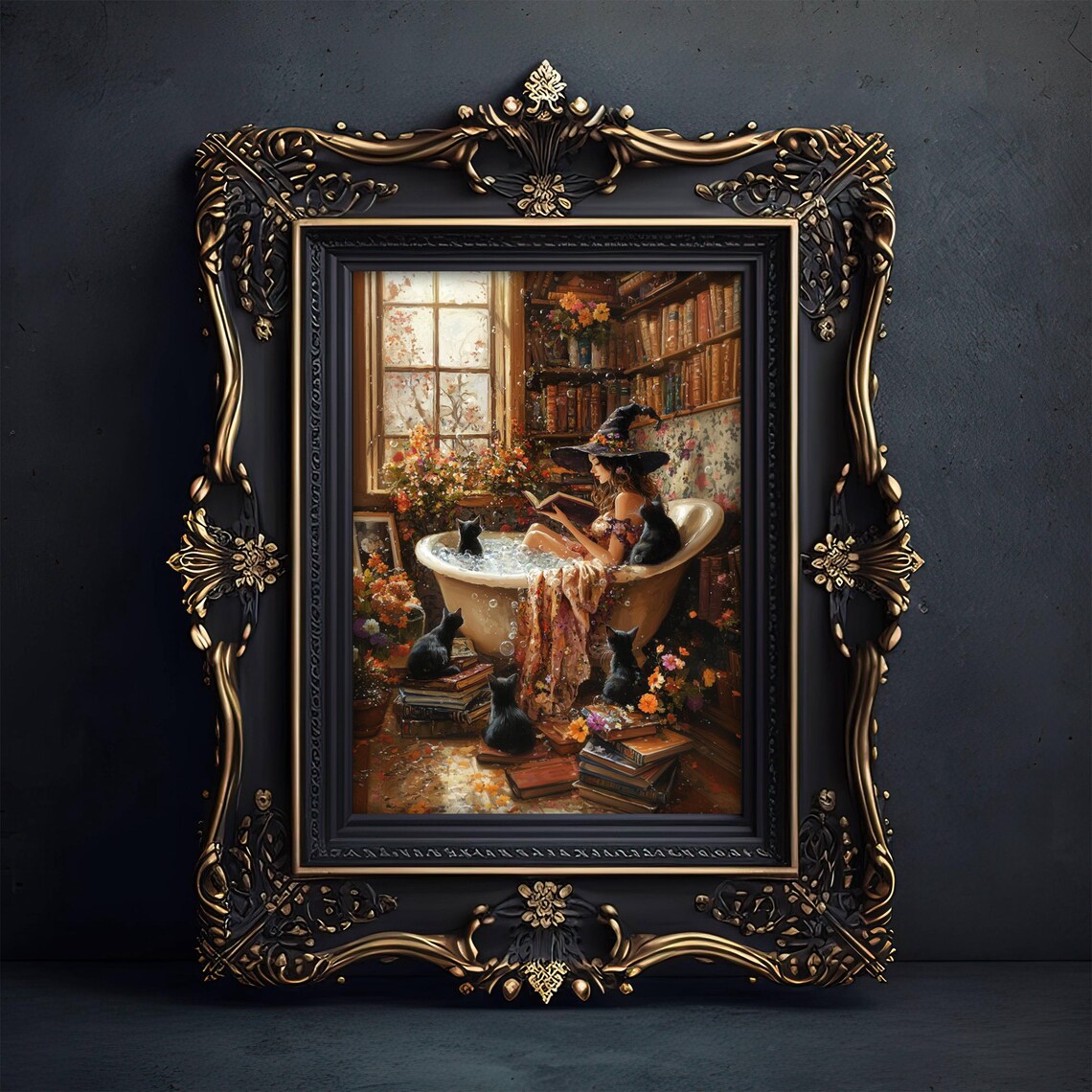 Witch Reading in Bathtub With Black Cats Print - Image 5