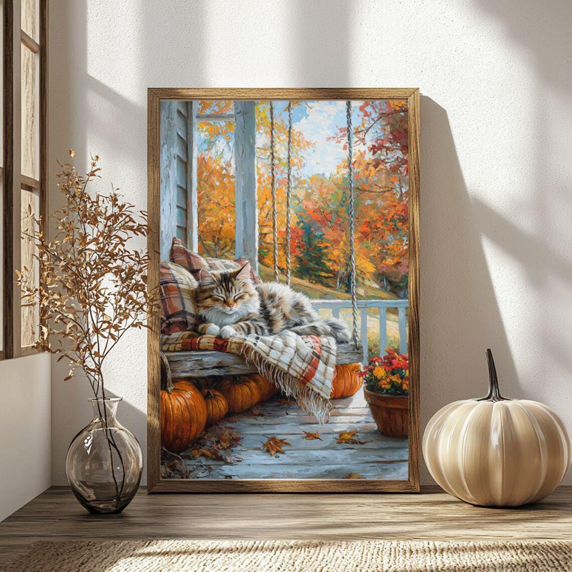 Autumn Cat on Porch Swing, Farmhouse Art Print