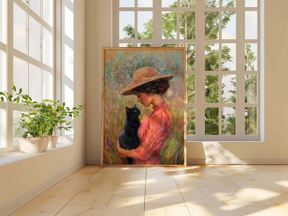 Impressionist Woman Hugging a Black Cat in a Flower Meadow Poster - Image 5