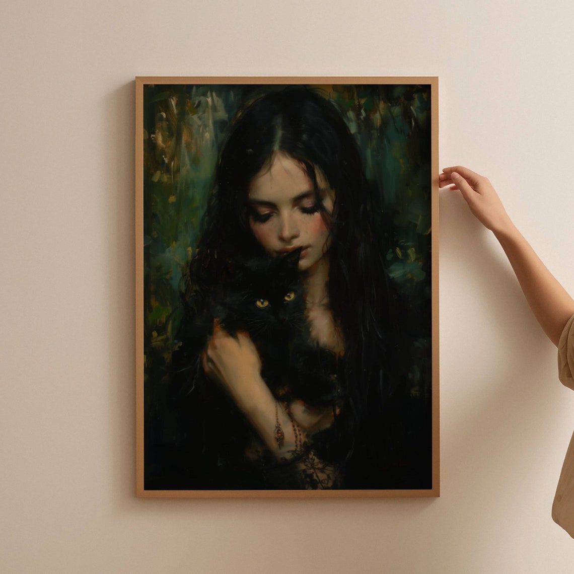 Girl Nuzzling A Black Cat In A Moody Green Forest Oil Art Poster - Image 2