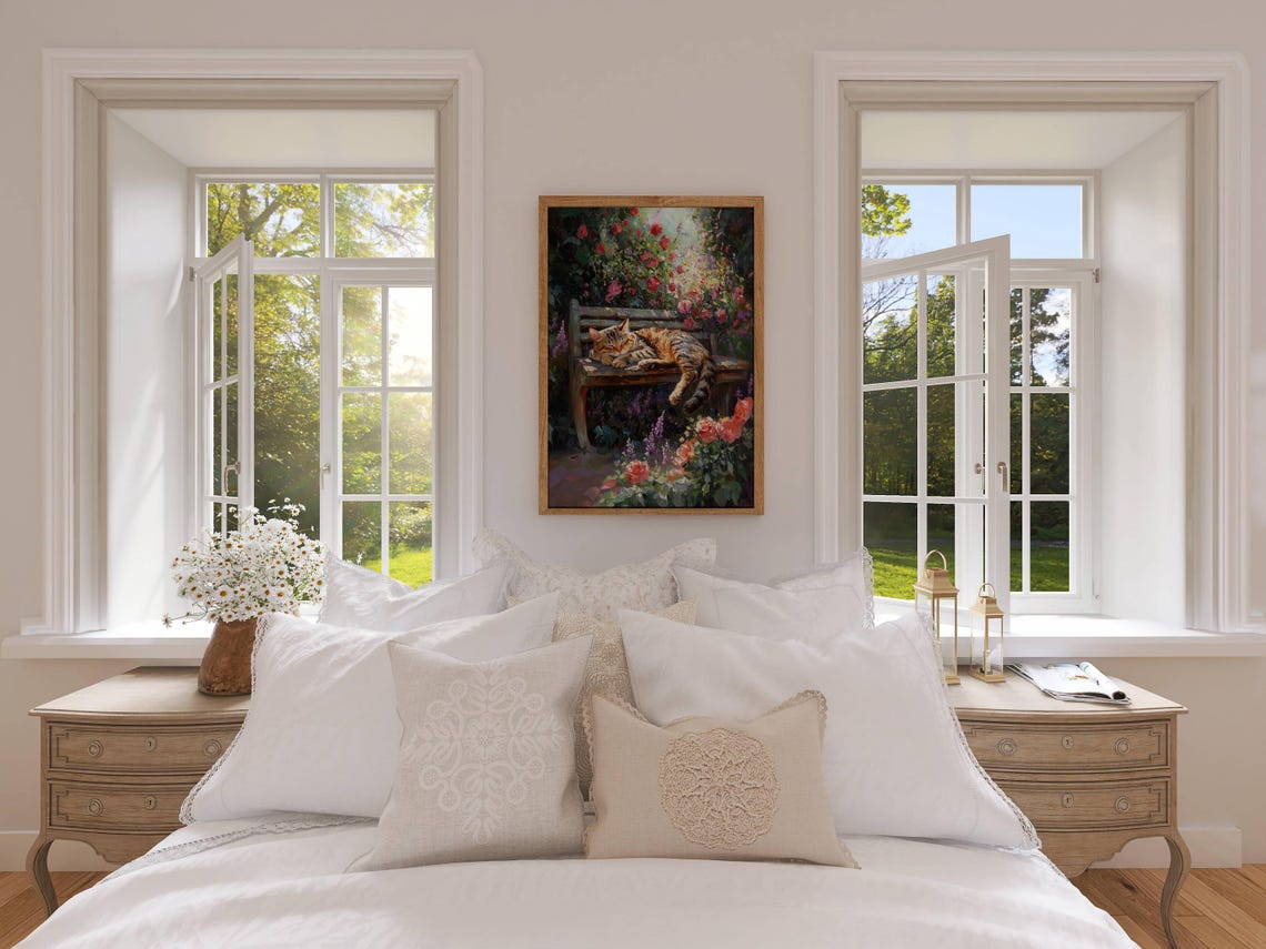 Sleeping Tabby Cat on a Garden Bench Among Roses and Lavender Poster - Image 6