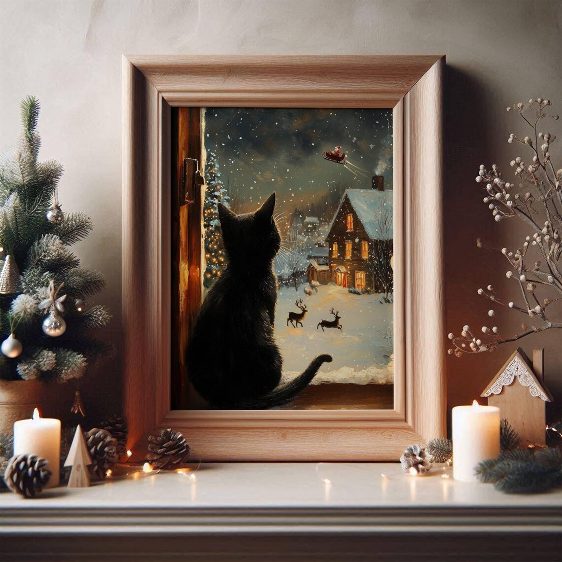 Black Cat Christmas Art Print, Holiday Wall Decor - Image 4