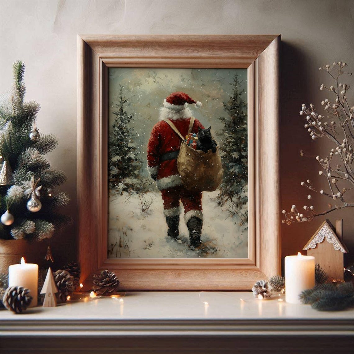 Santa Walking In The Snow With Black Cat Christmas Poster Moody Holiday Cat Wall Art Xmas Cat Lover Home Decor Unframed - Image 4