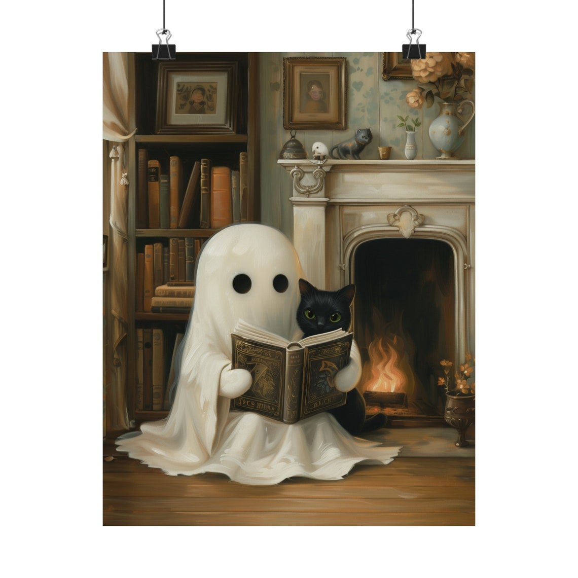 Cute Ghost Reading a Book With Black Cat by the Fireplace Poster - Image 2